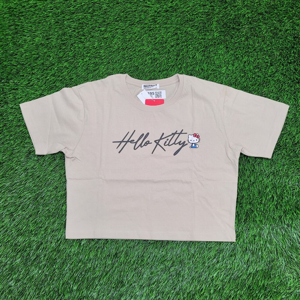 Hello-Kitty Cropped Shirt Womens S/M 18x18 Beige Script Cartoon Boxy